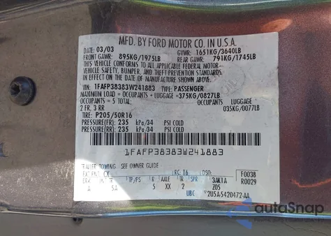 2003 Ford Focus Zts z USA, uszkodzony, nr VIN 1FAFP38383W241883